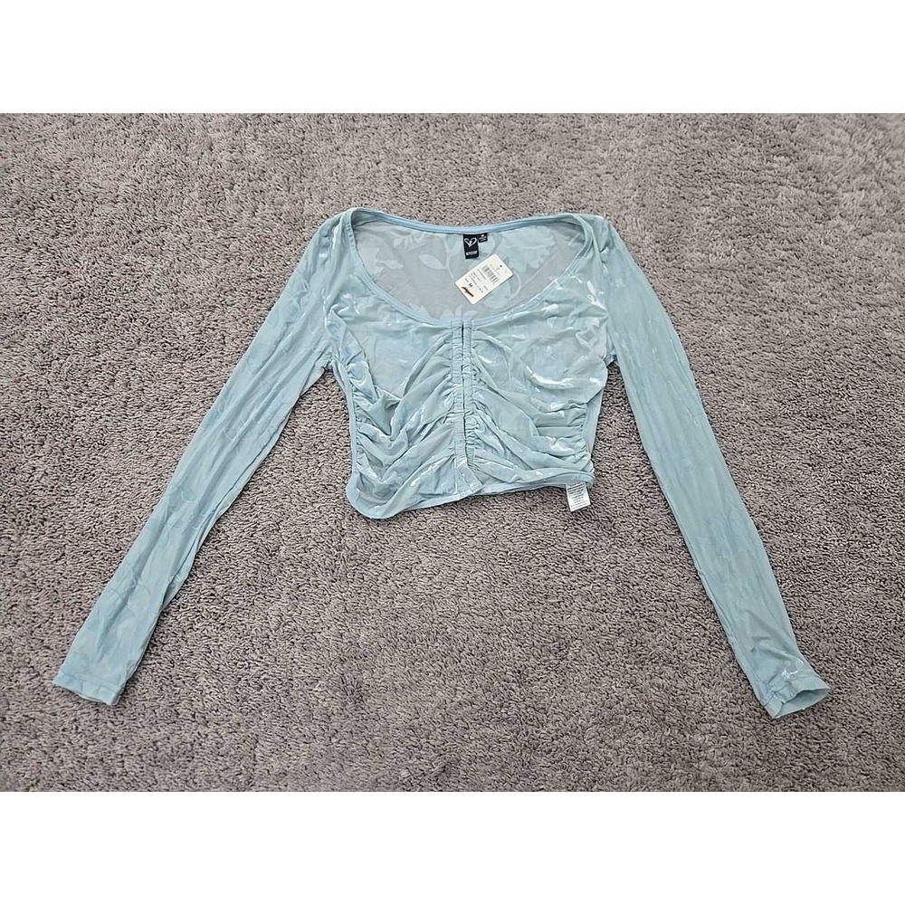 Windsor Top Womens M Blue Flocked Floral Mesh Long Sleeve Ruched Crop Sheer NEW